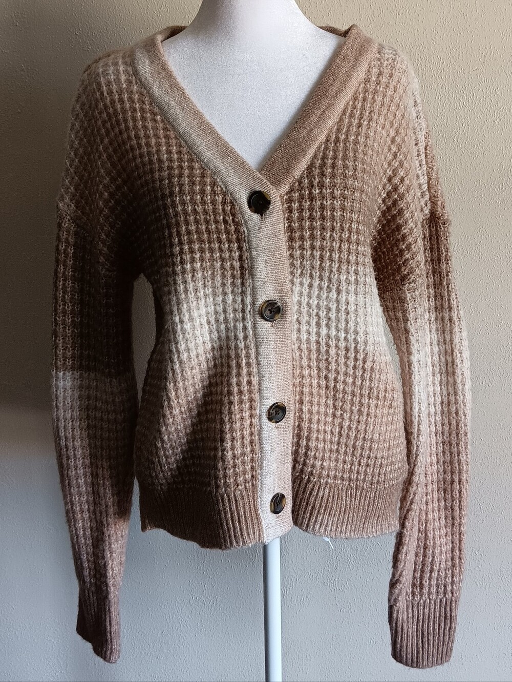 Chunky Knit V-Neck Button Cardigan Sweater, Taupe & Cream Sonoma Size Medium